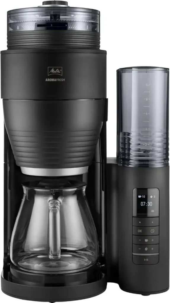 elitta Cafetiere a Filtre AromaFresh Glass Pro X Noire avec Moulin a grains Integre Verseuse Isotherme Double Fonction Minuteur capacite 10 tasses