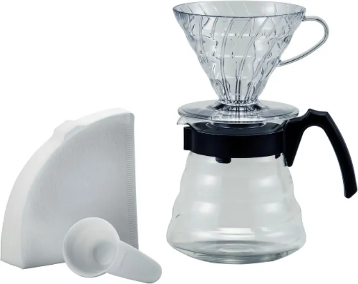 Hario Goutte-gouttes en plastique Craft Kit V60 avec cuisinière à café en verre, cuillère à mesurer et filtres, borosilicate, noir, taille 2
